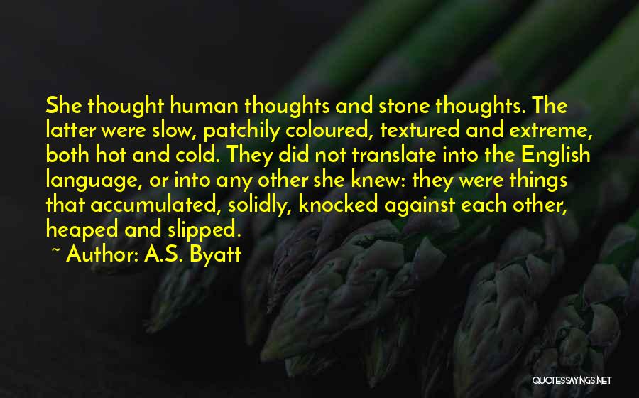A.S. Byatt Quotes: She Thought Human Thoughts And Stone Thoughts. The Latter Were Slow, Patchily Coloured, Textured And Extreme, Both Hot And Cold.