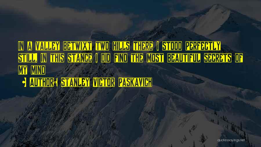 Stanley Victor Paskavich Quotes: In A Valley Betwixt Two Hills There I Stood Perfectly Still. In This Stance I Did Find The Most Beautiful