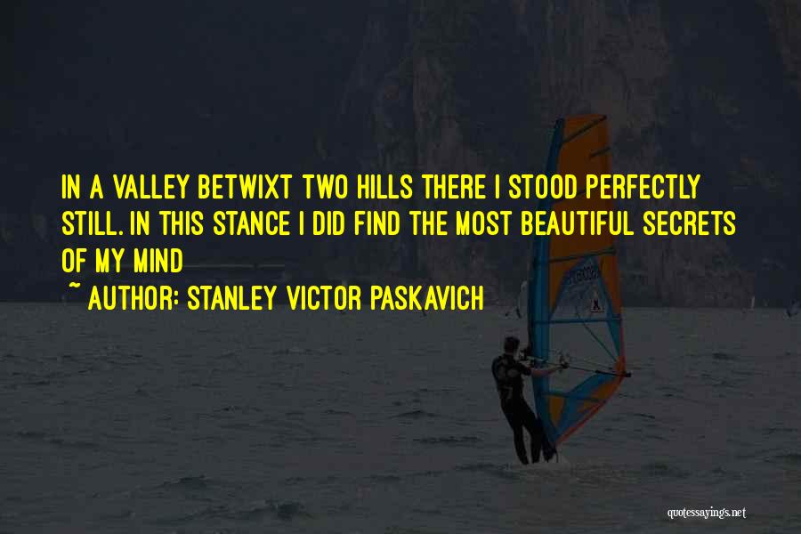 Stanley Victor Paskavich Quotes: In A Valley Betwixt Two Hills There I Stood Perfectly Still. In This Stance I Did Find The Most Beautiful