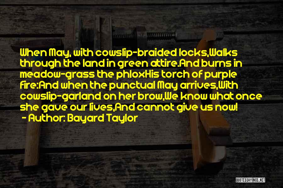 Bayard Taylor Quotes: When May, With Cowslip-braided Locks,walks Through The Land In Green Attire.and Burns In Meadow-grass The Phloxhis Torch Of Purple Fire:and