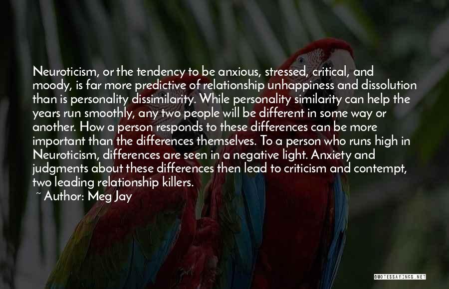 Meg Jay Quotes: Neuroticism, Or The Tendency To Be Anxious, Stressed, Critical, And Moody, Is Far More Predictive Of Relationship Unhappiness And Dissolution