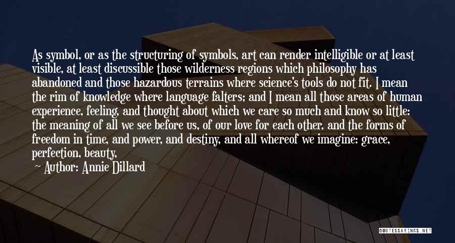 Annie Dillard Quotes: As Symbol, Or As The Structuring Of Symbols, Art Can Render Intelligible Or At Least Visible, At Least Discussible Those