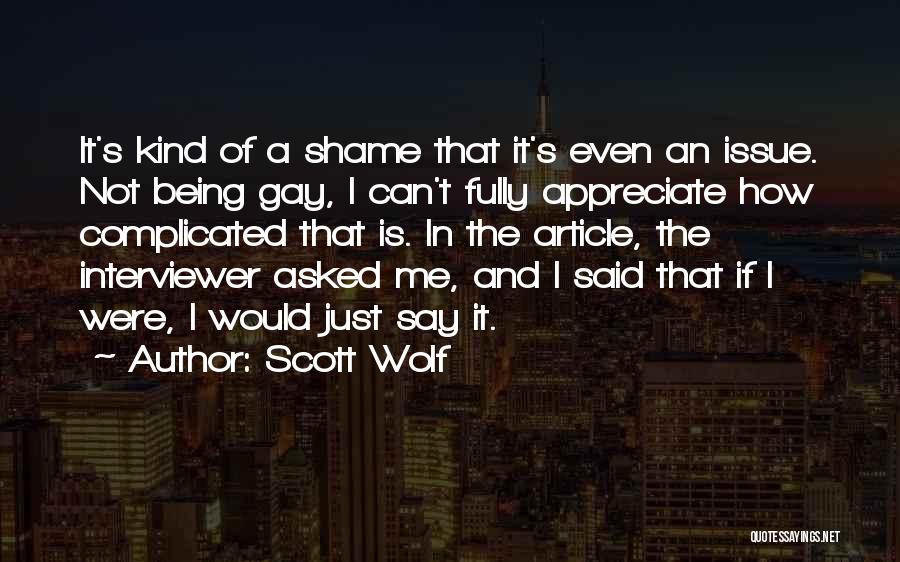 Scott Wolf Quotes: It's Kind Of A Shame That It's Even An Issue. Not Being Gay, I Can't Fully Appreciate How Complicated That