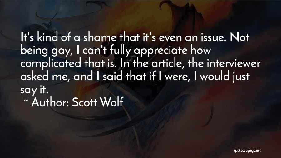 Scott Wolf Quotes: It's Kind Of A Shame That It's Even An Issue. Not Being Gay, I Can't Fully Appreciate How Complicated That