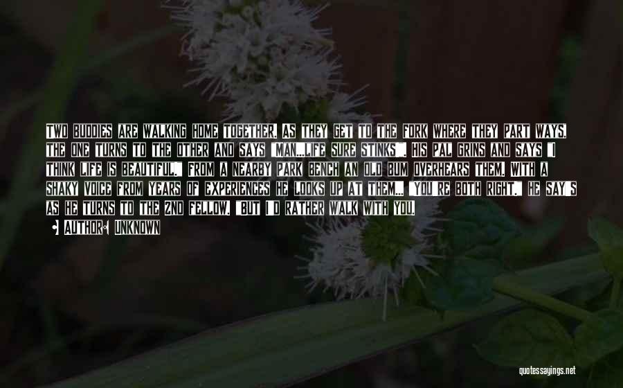 Unknown Quotes: Two Buddies Are Walking Home Together. As They Get To The Fork Where They Part Ways, The One Turns To