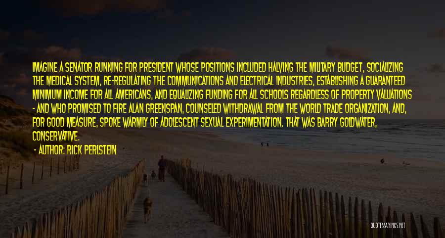 Rick Perlstein Quotes: Imagine A Senator Running For President Whose Positions Included Halving The Military Budget, Socializing The Medical System, Re-regulating The Communications