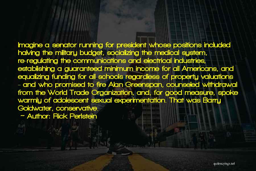 Rick Perlstein Quotes: Imagine A Senator Running For President Whose Positions Included Halving The Military Budget, Socializing The Medical System, Re-regulating The Communications