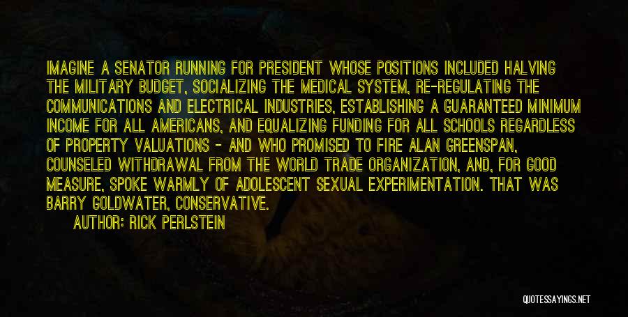 Rick Perlstein Quotes: Imagine A Senator Running For President Whose Positions Included Halving The Military Budget, Socializing The Medical System, Re-regulating The Communications