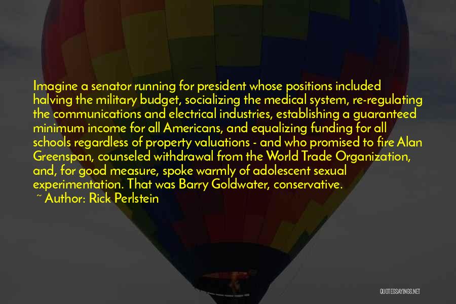 Rick Perlstein Quotes: Imagine A Senator Running For President Whose Positions Included Halving The Military Budget, Socializing The Medical System, Re-regulating The Communications