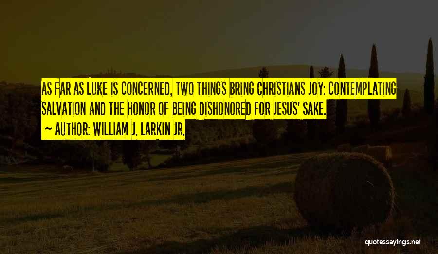 William J. Larkin Jr. Quotes: As Far As Luke Is Concerned, Two Things Bring Christians Joy: Contemplating Salvation And The Honor Of Being Dishonored For