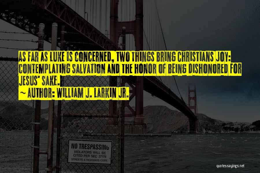 William J. Larkin Jr. Quotes: As Far As Luke Is Concerned, Two Things Bring Christians Joy: Contemplating Salvation And The Honor Of Being Dishonored For