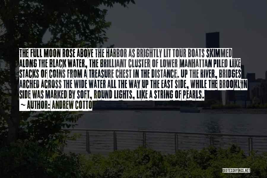 Andrew Cotto Quotes: The Full Moon Rose Above The Harbor As Brightly Lit Tour Boats Skimmed Along The Black Water, The Brilliant Cluster