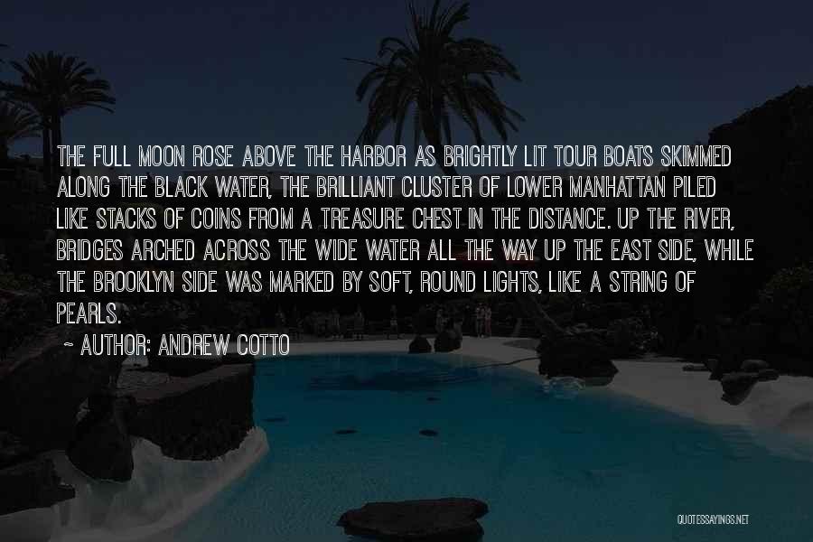 Andrew Cotto Quotes: The Full Moon Rose Above The Harbor As Brightly Lit Tour Boats Skimmed Along The Black Water, The Brilliant Cluster