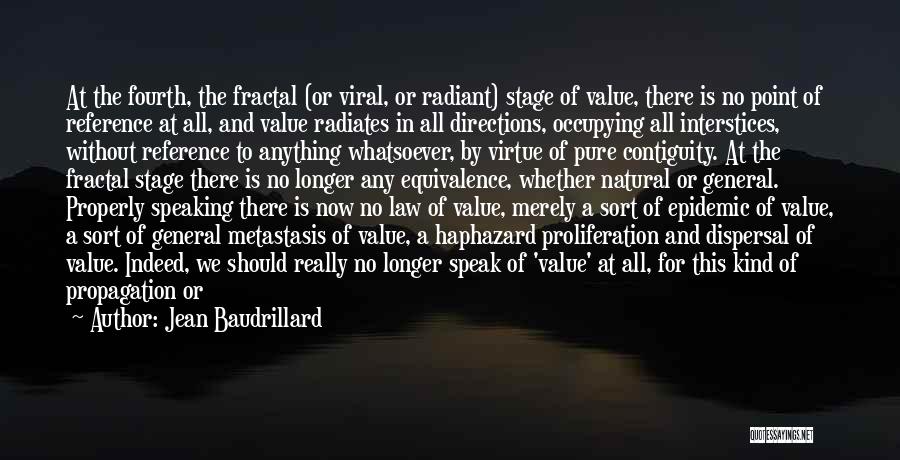 Jean Baudrillard Quotes: At The Fourth, The Fractal (or Viral, Or Radiant) Stage Of Value, There Is No Point Of Reference At All,