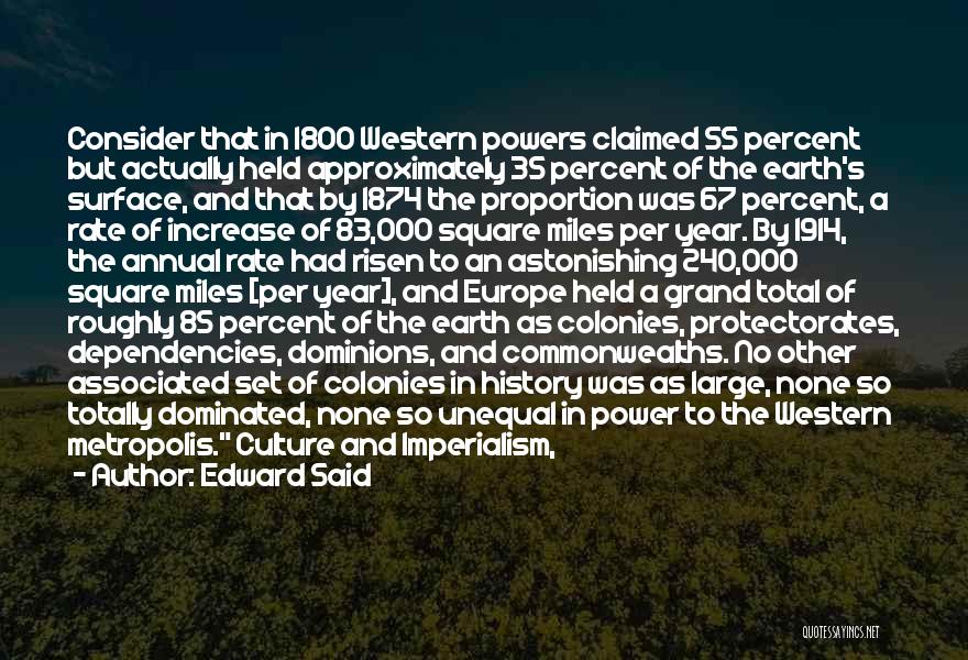 Edward Said Quotes: Consider That In 1800 Western Powers Claimed 55 Percent But Actually Held Approximately 35 Percent Of The Earth's Surface, And