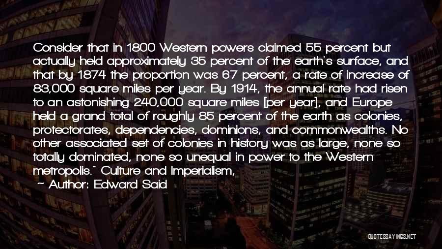 Edward Said Quotes: Consider That In 1800 Western Powers Claimed 55 Percent But Actually Held Approximately 35 Percent Of The Earth's Surface, And