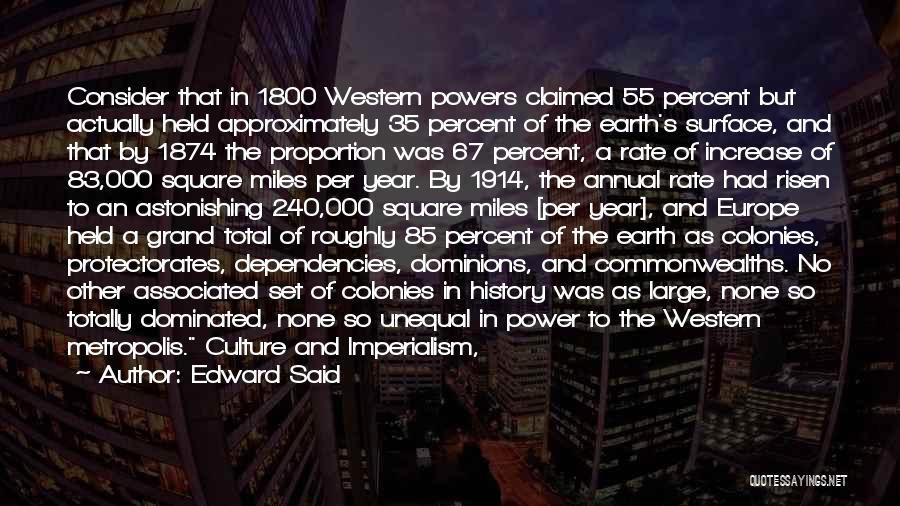 Edward Said Quotes: Consider That In 1800 Western Powers Claimed 55 Percent But Actually Held Approximately 35 Percent Of The Earth's Surface, And