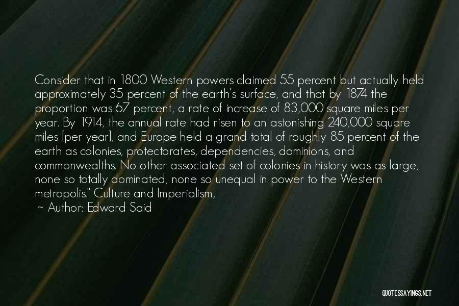 Edward Said Quotes: Consider That In 1800 Western Powers Claimed 55 Percent But Actually Held Approximately 35 Percent Of The Earth's Surface, And