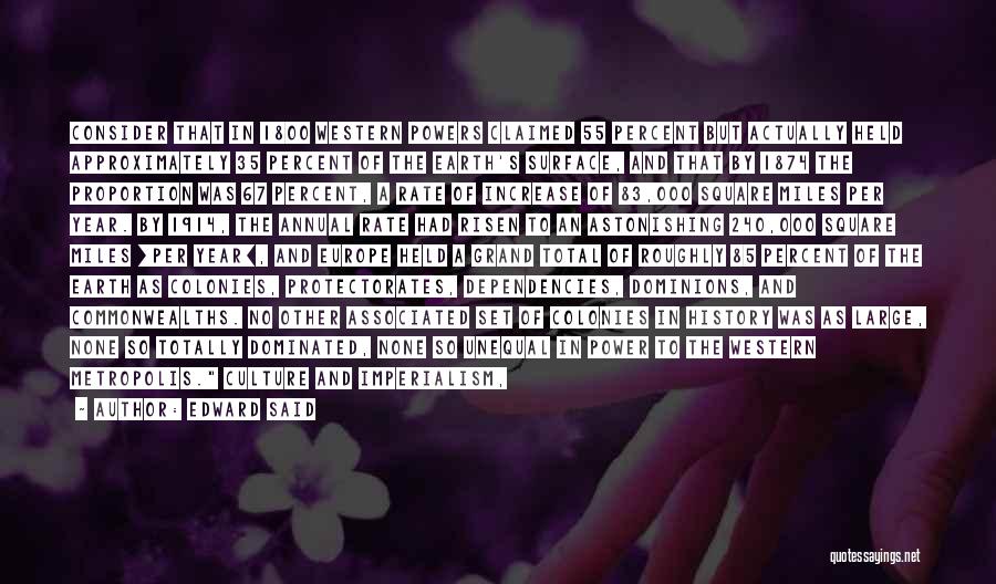 Edward Said Quotes: Consider That In 1800 Western Powers Claimed 55 Percent But Actually Held Approximately 35 Percent Of The Earth's Surface, And
