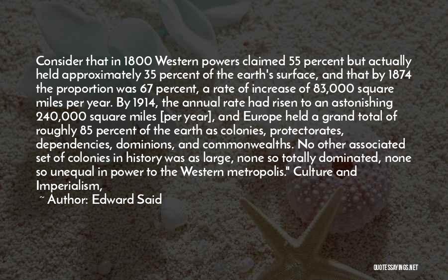 Edward Said Quotes: Consider That In 1800 Western Powers Claimed 55 Percent But Actually Held Approximately 35 Percent Of The Earth's Surface, And