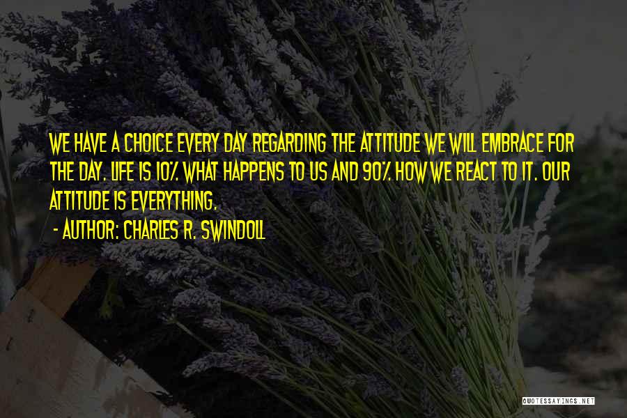 Charles R. Swindoll Quotes: We Have A Choice Every Day Regarding The Attitude We Will Embrace For The Day. Life Is 10% What Happens