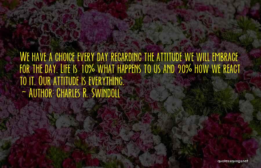 Charles R. Swindoll Quotes: We Have A Choice Every Day Regarding The Attitude We Will Embrace For The Day. Life Is 10% What Happens
