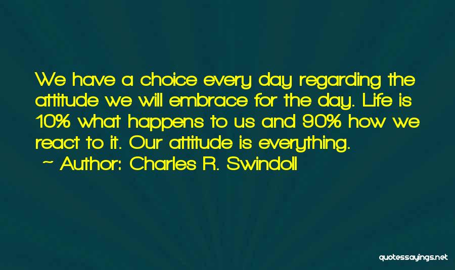 Charles R. Swindoll Quotes: We Have A Choice Every Day Regarding The Attitude We Will Embrace For The Day. Life Is 10% What Happens