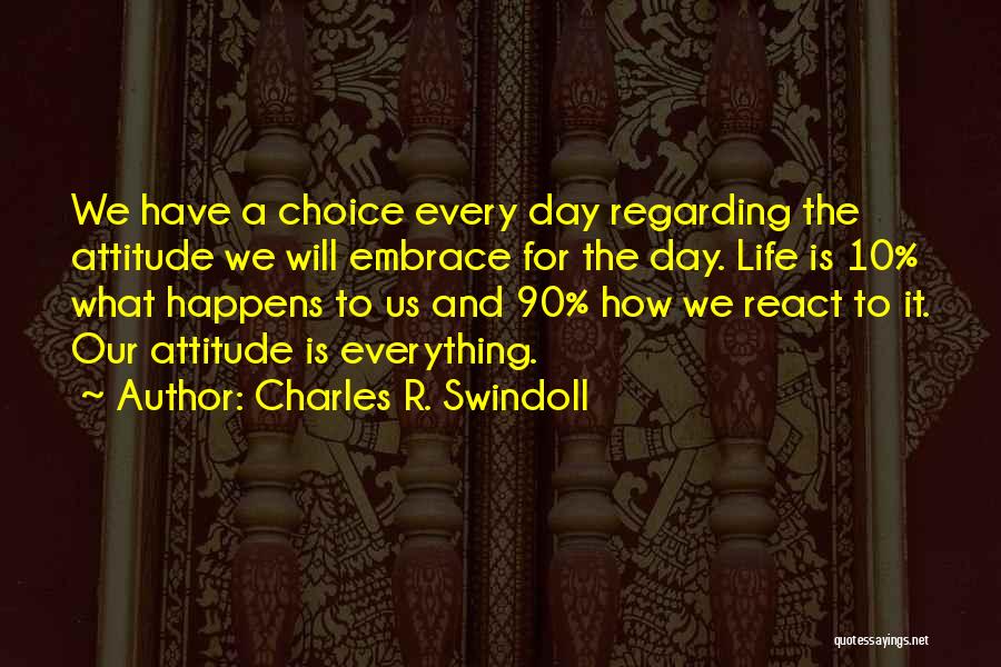 Charles R. Swindoll Quotes: We Have A Choice Every Day Regarding The Attitude We Will Embrace For The Day. Life Is 10% What Happens