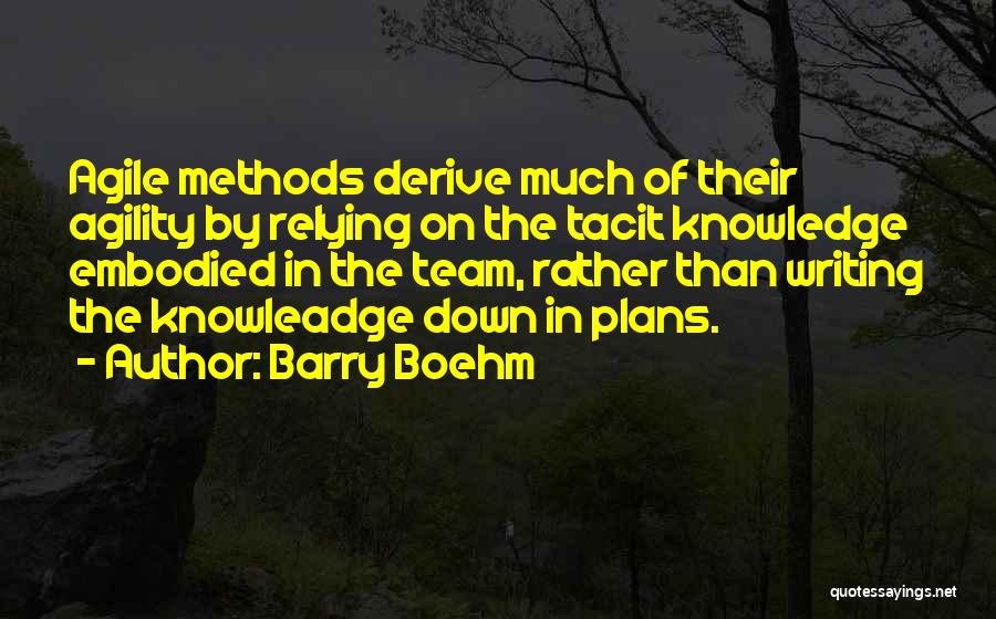 Barry Boehm Quotes: Agile Methods Derive Much Of Their Agility By Relying On The Tacit Knowledge Embodied In The Team, Rather Than Writing