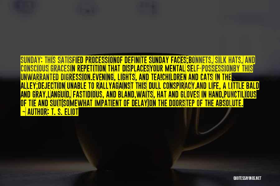 T. S. Eliot Quotes: Sunday: This Satisfied Processionof Definite Sunday Faces;bonnets, Silk Hats, And Conscious Gracesin Repetition That Displacesyour Mental Self-possessionby This Unwarranted Digression.evening,