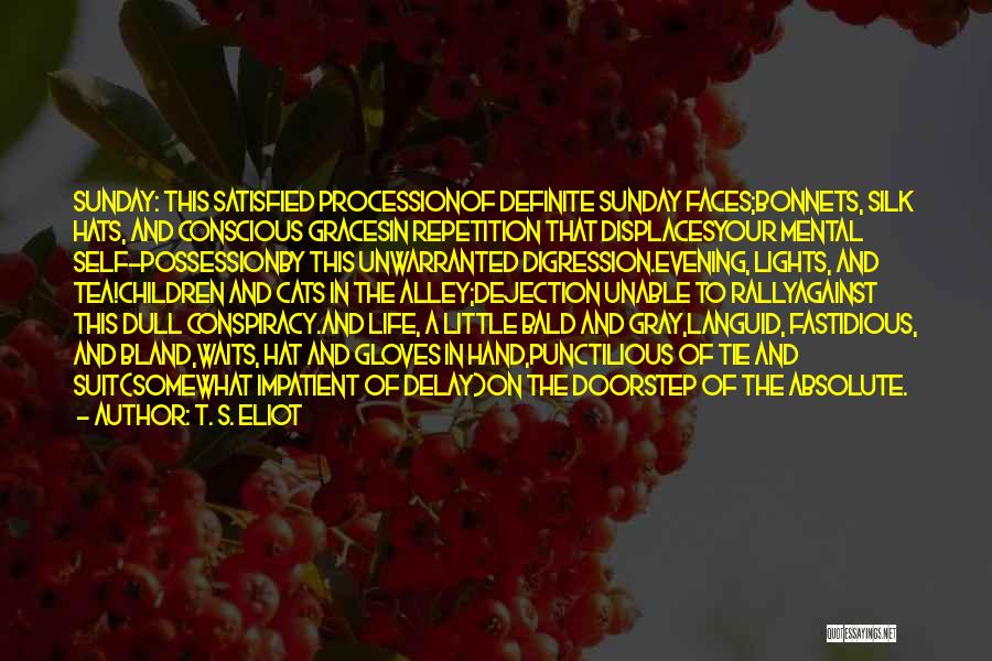 T. S. Eliot Quotes: Sunday: This Satisfied Processionof Definite Sunday Faces;bonnets, Silk Hats, And Conscious Gracesin Repetition That Displacesyour Mental Self-possessionby This Unwarranted Digression.evening,