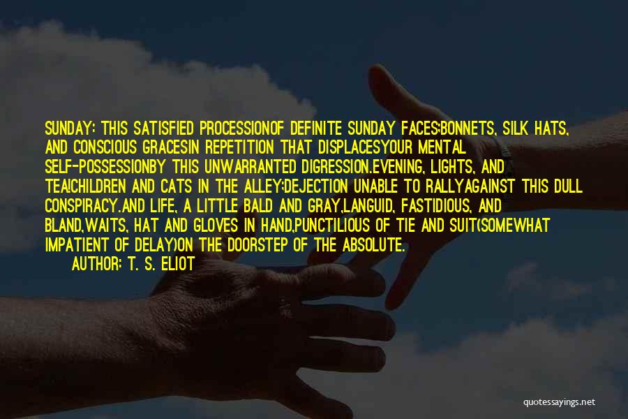 T. S. Eliot Quotes: Sunday: This Satisfied Processionof Definite Sunday Faces;bonnets, Silk Hats, And Conscious Gracesin Repetition That Displacesyour Mental Self-possessionby This Unwarranted Digression.evening,