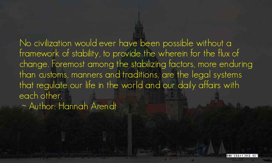 Hannah Arendt Quotes: No Civilization Would Ever Have Been Possible Without A Framework Of Stability, To Provide The Wherein For The Flux Of