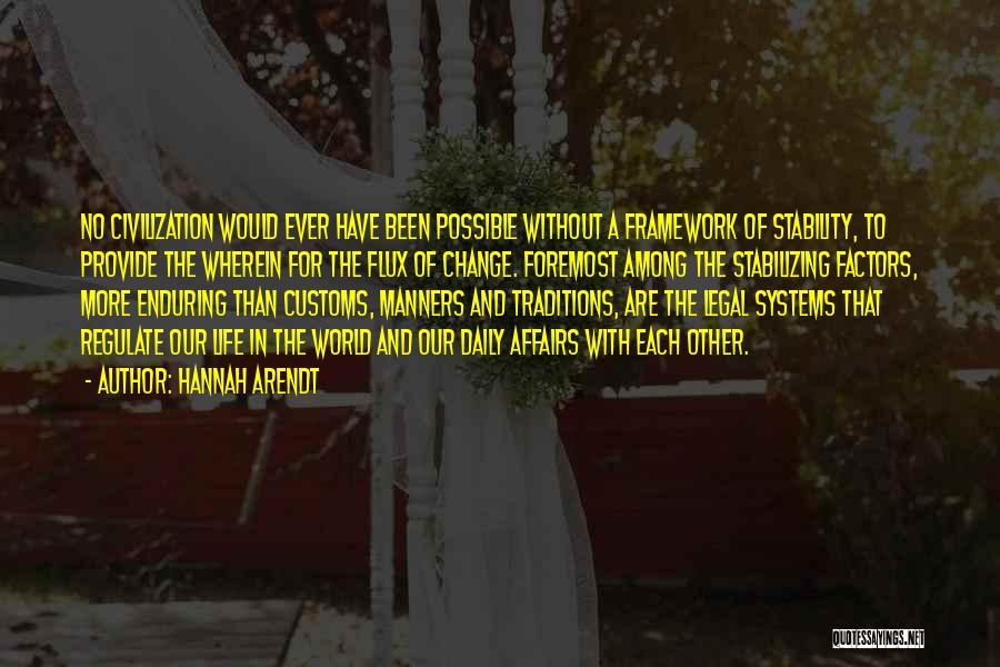 Hannah Arendt Quotes: No Civilization Would Ever Have Been Possible Without A Framework Of Stability, To Provide The Wherein For The Flux Of