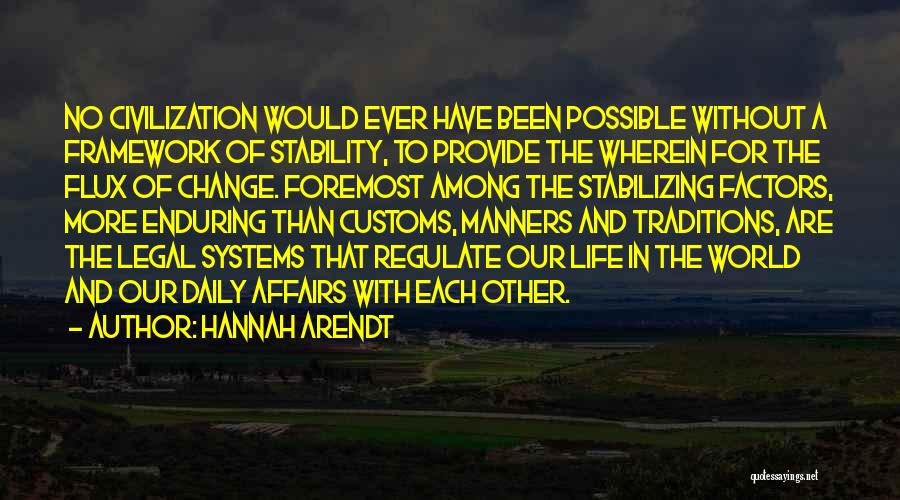 Hannah Arendt Quotes: No Civilization Would Ever Have Been Possible Without A Framework Of Stability, To Provide The Wherein For The Flux Of