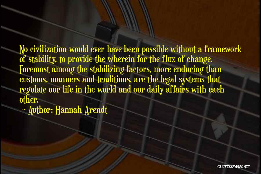 Hannah Arendt Quotes: No Civilization Would Ever Have Been Possible Without A Framework Of Stability, To Provide The Wherein For The Flux Of