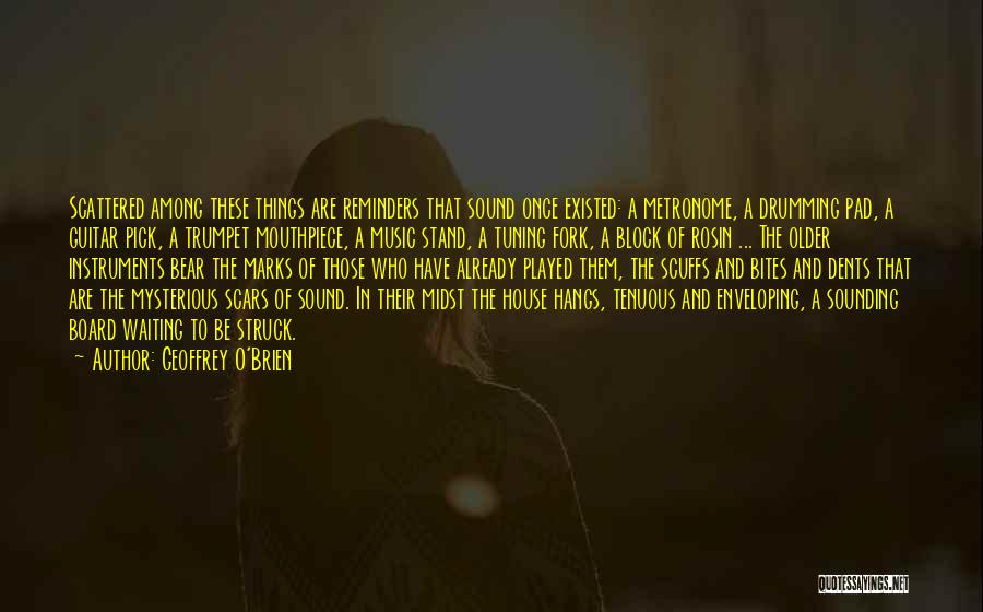 Geoffrey O'Brien Quotes: Scattered Among These Things Are Reminders That Sound Once Existed: A Metronome, A Drumming Pad, A Guitar Pick, A Trumpet