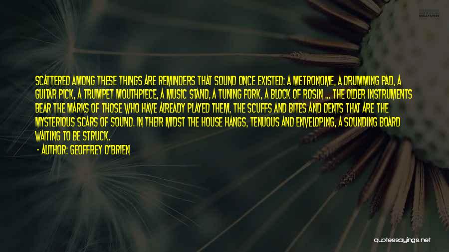 Geoffrey O'Brien Quotes: Scattered Among These Things Are Reminders That Sound Once Existed: A Metronome, A Drumming Pad, A Guitar Pick, A Trumpet