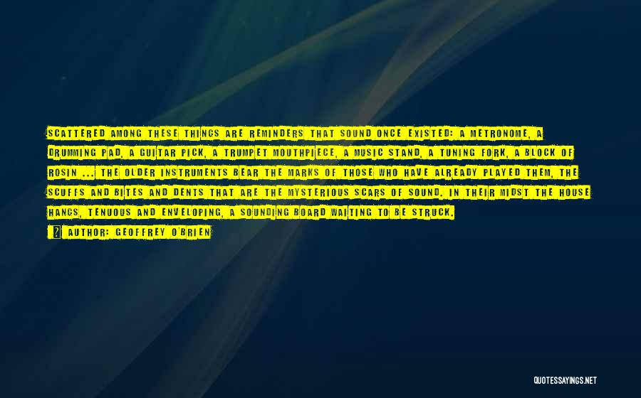 Geoffrey O'Brien Quotes: Scattered Among These Things Are Reminders That Sound Once Existed: A Metronome, A Drumming Pad, A Guitar Pick, A Trumpet