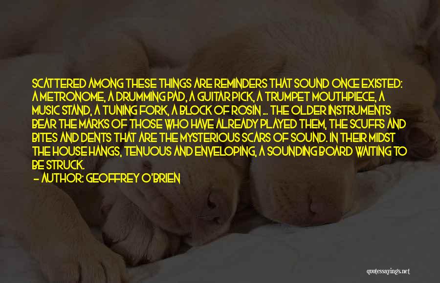 Geoffrey O'Brien Quotes: Scattered Among These Things Are Reminders That Sound Once Existed: A Metronome, A Drumming Pad, A Guitar Pick, A Trumpet