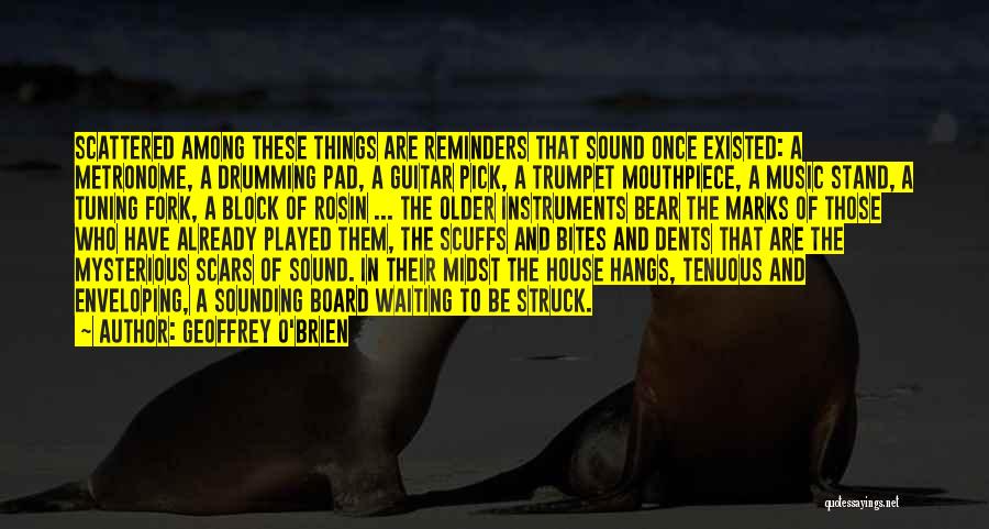 Geoffrey O'Brien Quotes: Scattered Among These Things Are Reminders That Sound Once Existed: A Metronome, A Drumming Pad, A Guitar Pick, A Trumpet