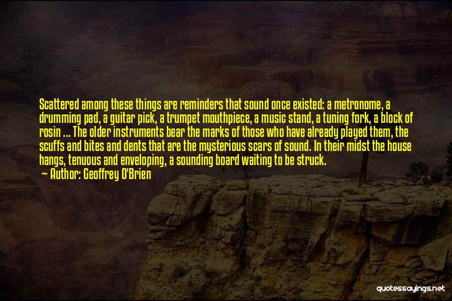 Geoffrey O'Brien Quotes: Scattered Among These Things Are Reminders That Sound Once Existed: A Metronome, A Drumming Pad, A Guitar Pick, A Trumpet