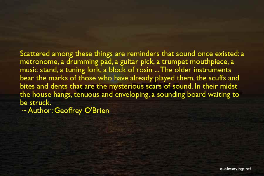Geoffrey O'Brien Quotes: Scattered Among These Things Are Reminders That Sound Once Existed: A Metronome, A Drumming Pad, A Guitar Pick, A Trumpet