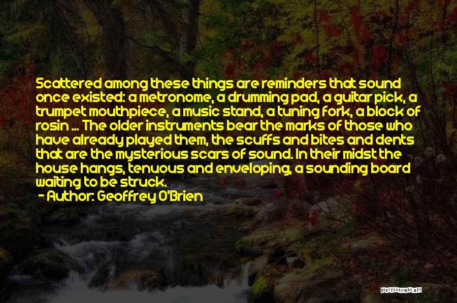 Geoffrey O'Brien Quotes: Scattered Among These Things Are Reminders That Sound Once Existed: A Metronome, A Drumming Pad, A Guitar Pick, A Trumpet