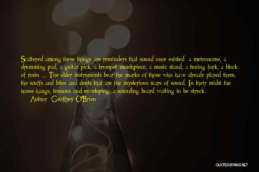 Geoffrey O'Brien Quotes: Scattered Among These Things Are Reminders That Sound Once Existed: A Metronome, A Drumming Pad, A Guitar Pick, A Trumpet