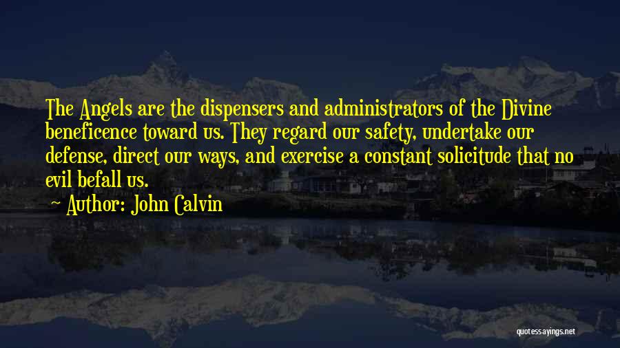 John Calvin Quotes: The Angels Are The Dispensers And Administrators Of The Divine Beneficence Toward Us. They Regard Our Safety, Undertake Our Defense,