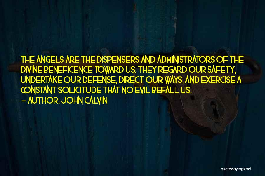 John Calvin Quotes: The Angels Are The Dispensers And Administrators Of The Divine Beneficence Toward Us. They Regard Our Safety, Undertake Our Defense,