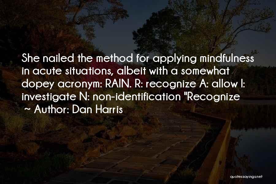 Dan Harris Quotes: She Nailed The Method For Applying Mindfulness In Acute Situations, Albeit With A Somewhat Dopey Acronym: Rain. R: Recognize A: