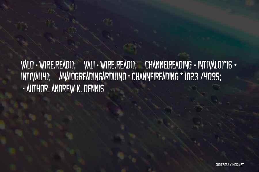 Andrew K. Dennis Quotes: Val0 = Wire.read(); Val1 = Wire.read(); Channelreading = Int(val0)*16 + Int(val14); Analogreadingarduino = Channelreading * 1023 /4095;