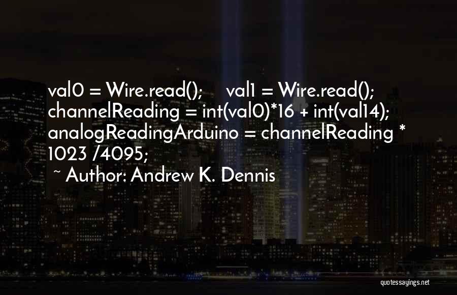 Andrew K. Dennis Quotes: Val0 = Wire.read(); Val1 = Wire.read(); Channelreading = Int(val0)*16 + Int(val14); Analogreadingarduino = Channelreading * 1023 /4095;
